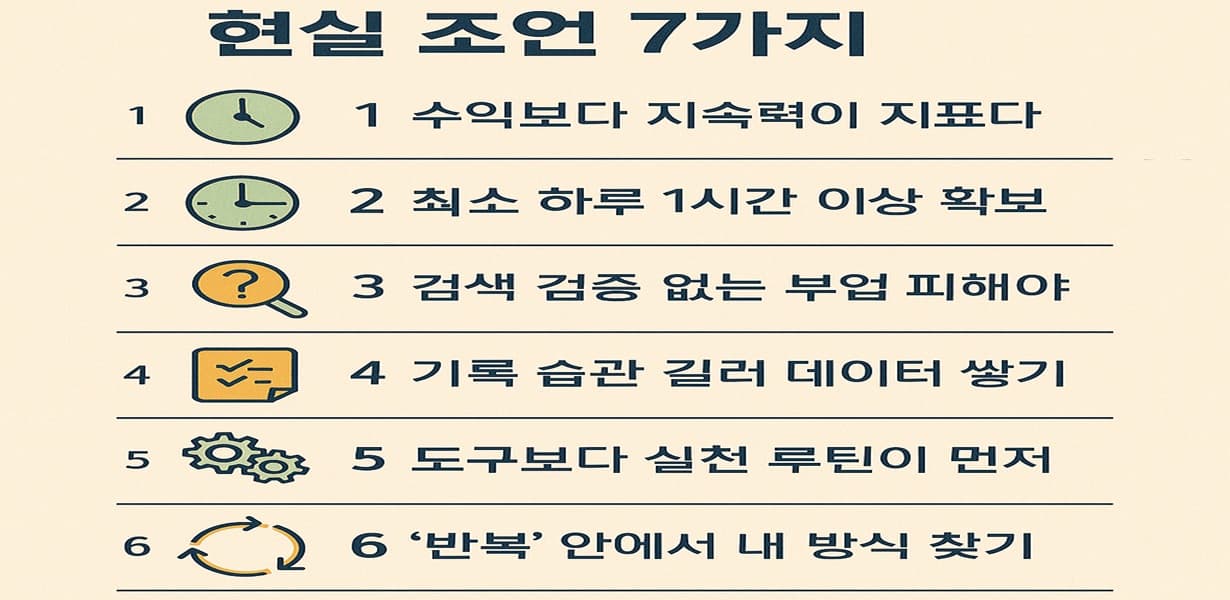 “현실 조언 7가지 – 수익보다 지속력, 하루 1시간 확보, 검색 검증, 기록 습관, 도구보다 루틴, 반복 속 방법 찾기 등 부업 실패 방지 전략을 아이콘과 함께 요약한 인포그래픽”