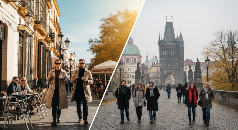 11월 유럽 여행 날씨별 옷차림 비교: 따뜻한 스페인의 가을 거리와 쌀쌀하지만 낭만적인 프라하의 풍경