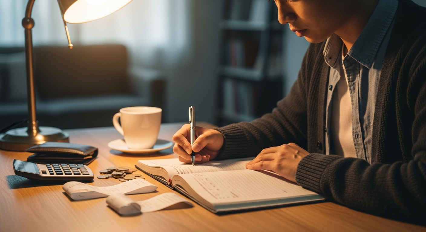 가계부를 작성하며 지출을 확인하는 모습