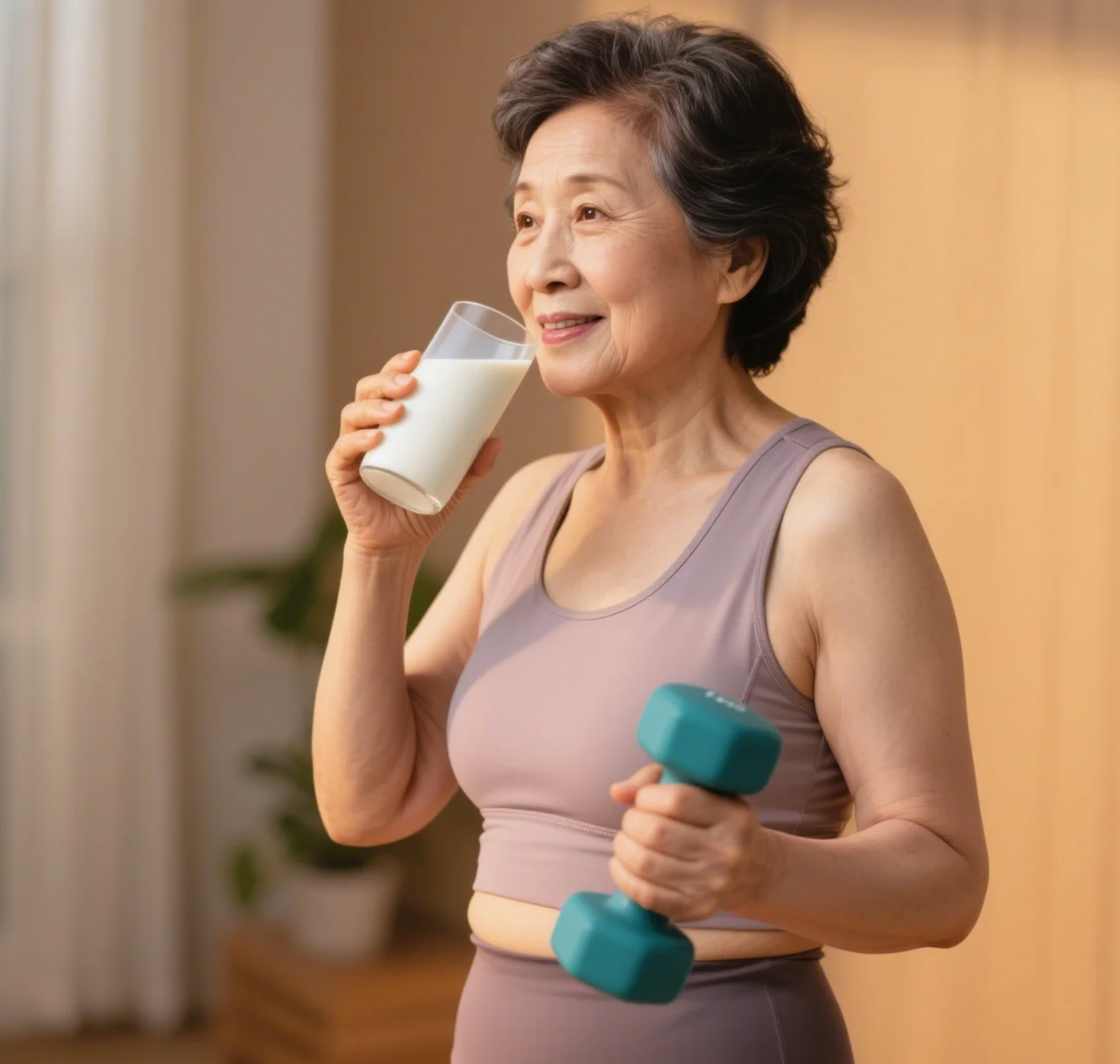 근육감소를 막기위해 우유을 마시는 운동하는 50대 한국 여성