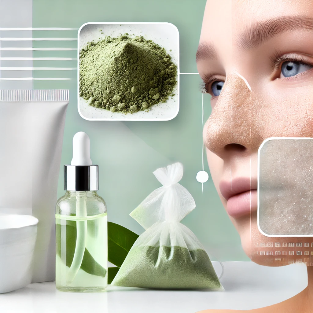 깨끗하고 매끄러운 피부에 모공이 줄어든 모습과 함께 클렌저, 스킨케어 제품들이 놓여 있고, 냉동 녹차 티백을 활용한 모공 축소 방법을 강조한 이미지. 파스텔 배경으로 청결함과 자연스러운 피부 관리를 표현.