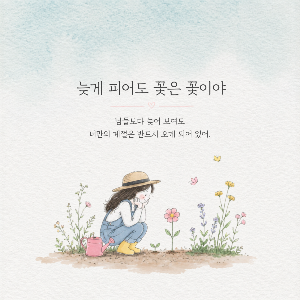 늦게 피어도 꽃은 꽃이야 성장 응원 글귀 이미지
