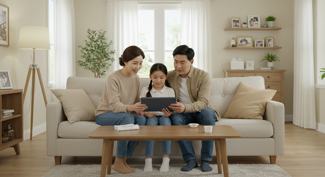 밝은 거실에서 태블릿을 보며 의료 정보를 함께 읽고 있는 가족의 모습