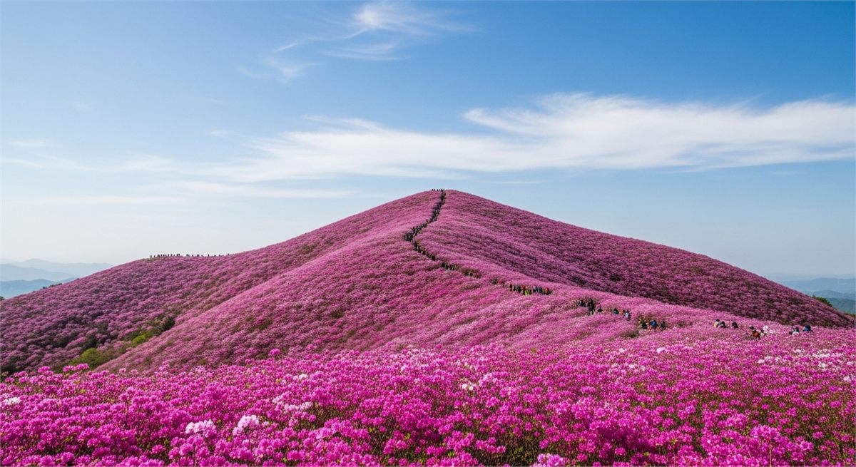 고려산 능선을 따라 펼쳐진 진달래 군락 전경 