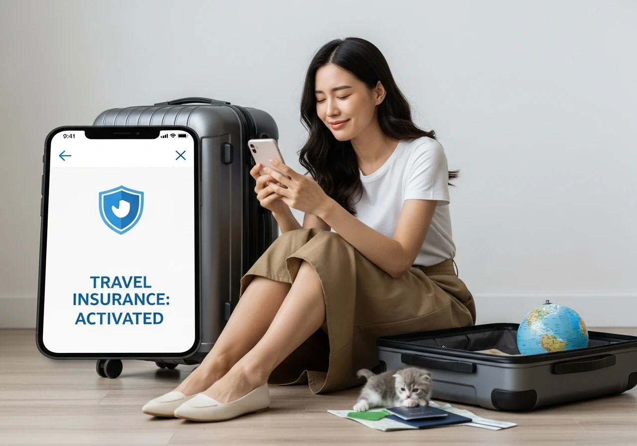 젊은 한국인 여성이 여행 가방 옆에 앉아, 스마트폰으로 'TRAVEL INSURANCE: ACTIVATED' 라는 알림을 확인하고 안도의 한숨을 내쉬고 있다