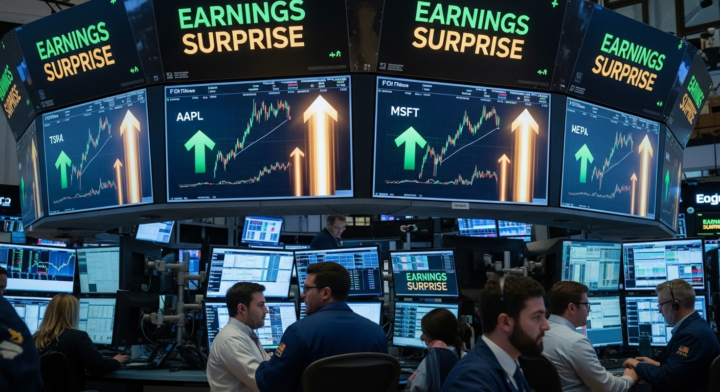 실적 발표 후 반등하는 M7 로고들과 'Surprise' 전광판이 번쩍이는 월스트리트의 모습
