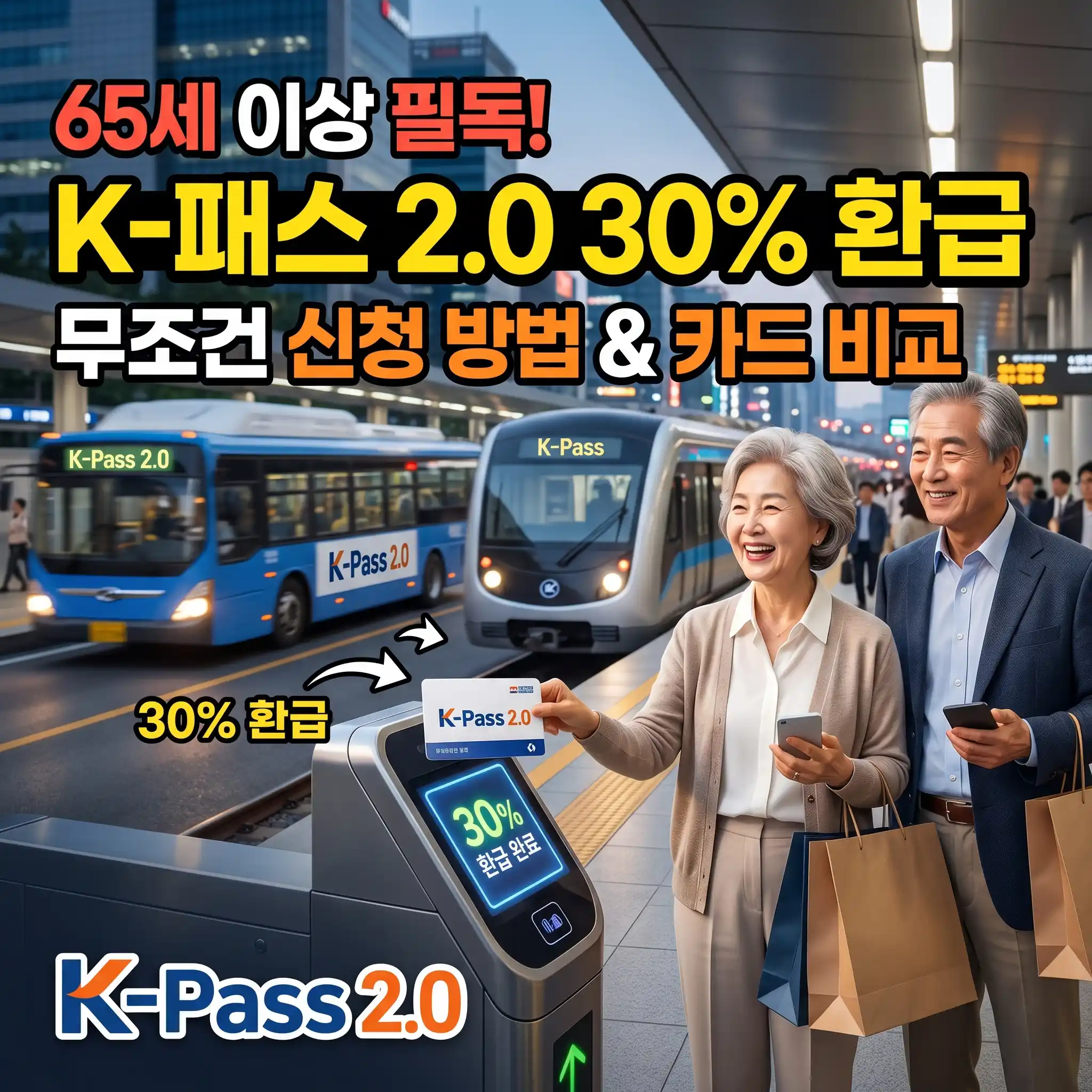K-패스 2.0 65세 이상 30% 환급 혜택을 이용해 지하철 개찰구에서 카드를 태그하는 노인 부부와 대중교통 배경 이미지