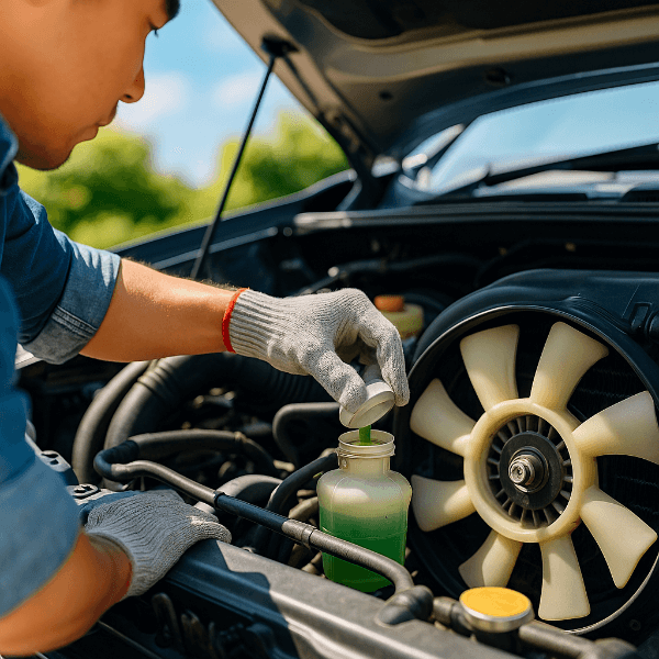 자동차 냉각수 점검 중인 정비사와 엔진룸의 냉각팬 실사 이미지