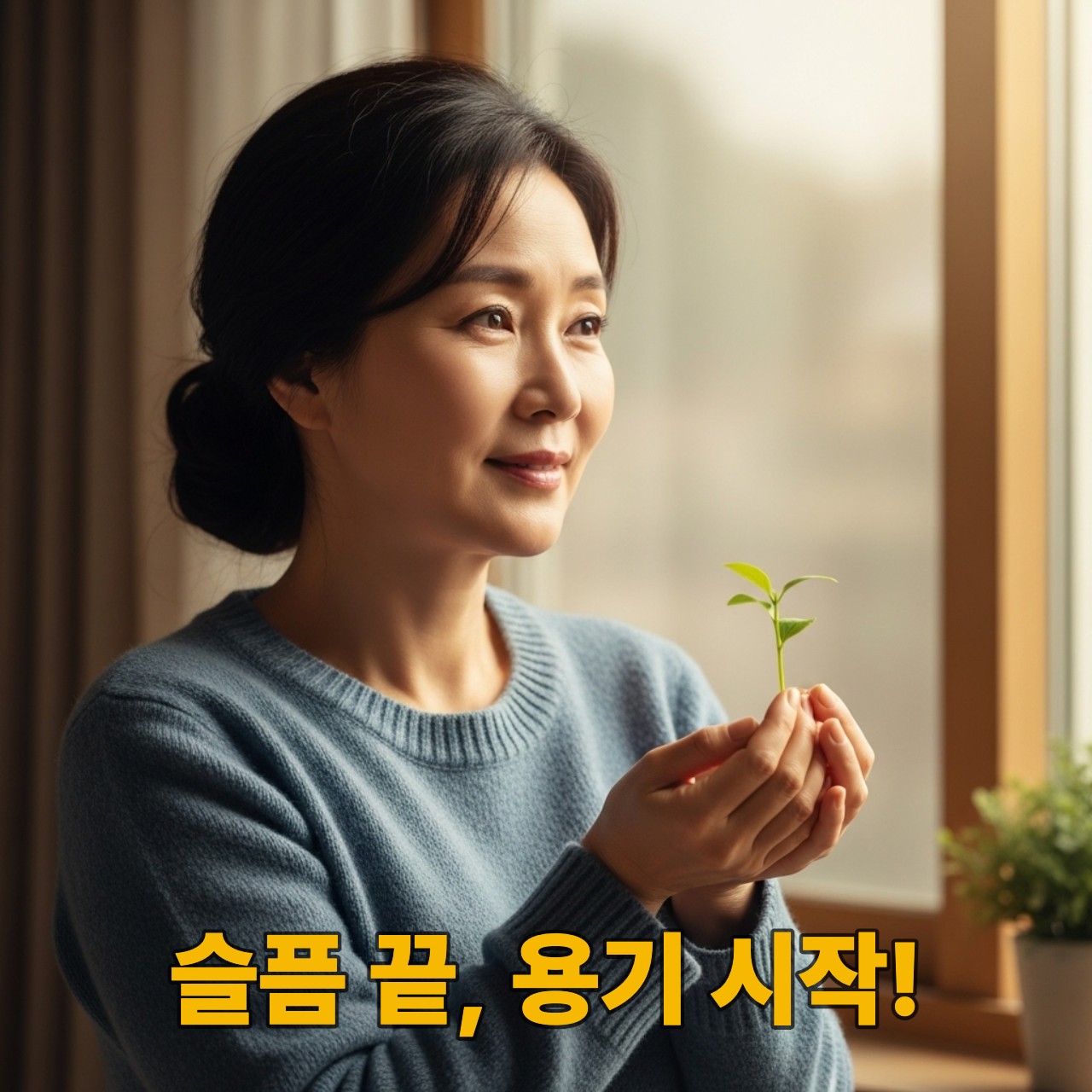 창가에 서서 작은 새싹을 들고 희망찬 미소를 짓는 40대 후반 한국 여성, 배우자 사별 후 새로운 시작을 상징.