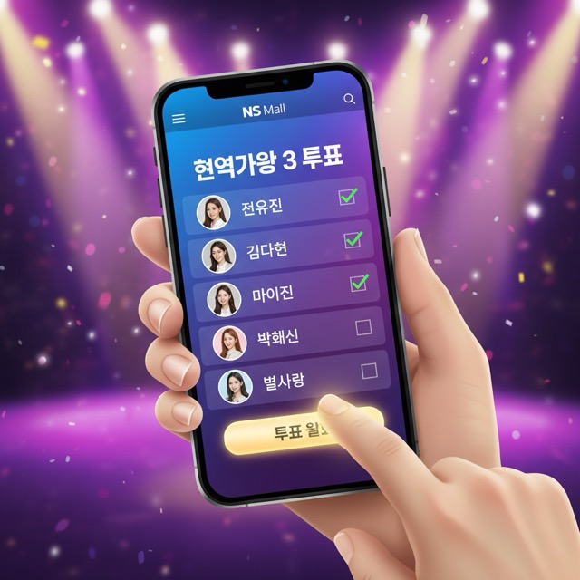 현역가왕3 투표를 위해 실행된 스마트폰 화면의 NS홈쇼핑 앱 인터페이스와 무대 조명 배경