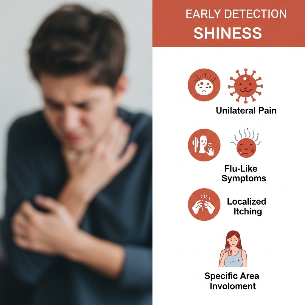 2025년 대상포진 의심 증상 5가지를 나타내는 인포그래픽 이미지. 몸 한쪽에 나타나는 통증과 띠 모양 발진 등 핵심 증상이 아이콘으로 명확하게 표현되어 조기 진단의 중요성을 강조합니다.