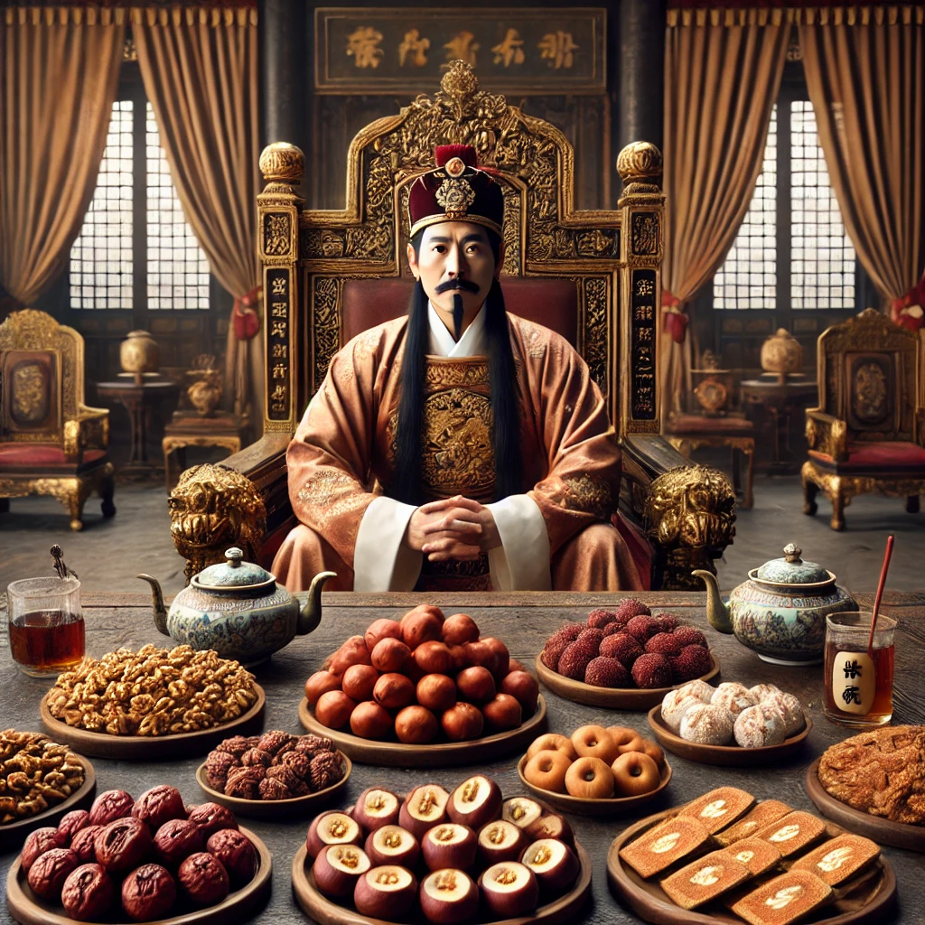 중국황제 앞에 대추 간식들이 종류별로 있다