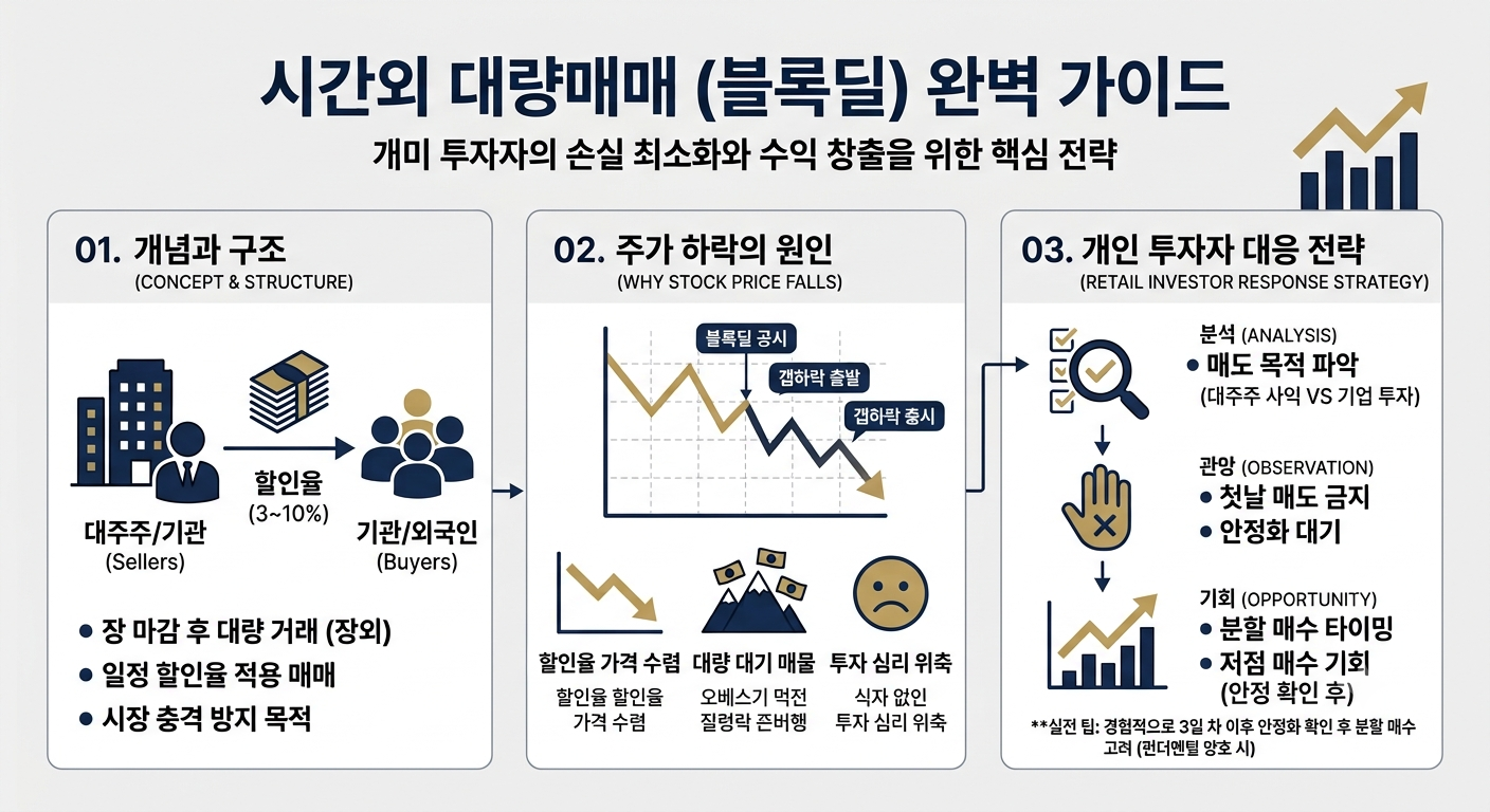시간외 대량매매 블록딜 개념과 주가 하락 원인 및 개인 투자자 대응 전략 인포그래픽