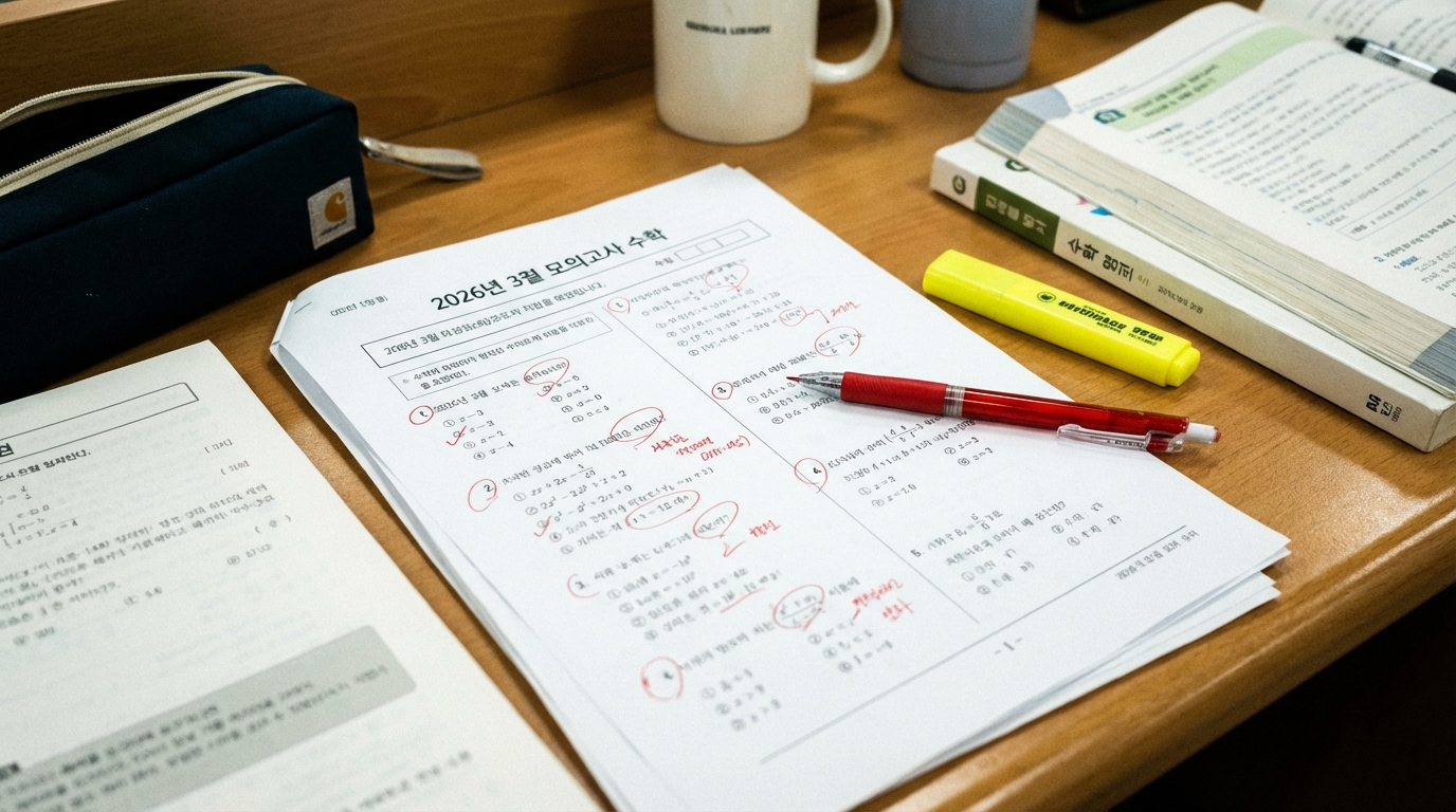 2026년 3월 모의고사 수학 시험지의 오답을 분석하며 빨간 펜으로 체크하고 있는 한국 수험생의 책상 풍경