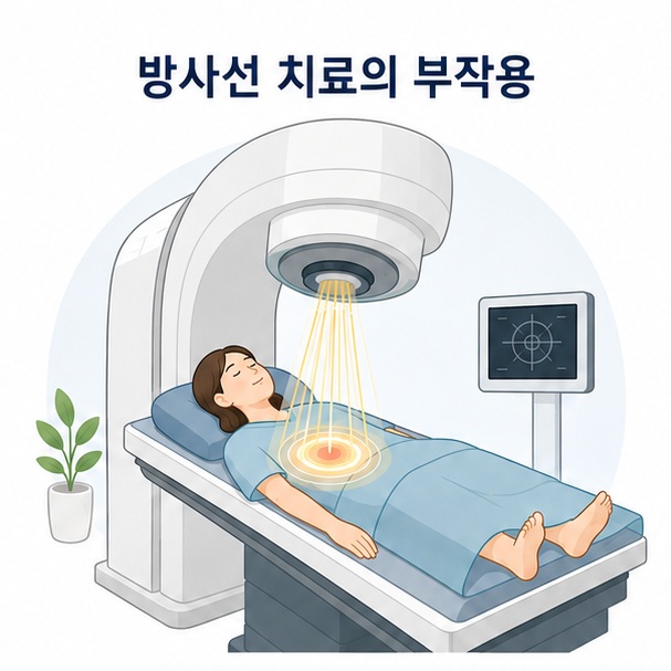 방사선치료 장비와 치료받는 사람을 중심으로 방사선 치료의 부작용을 설명하는 대표 이미지