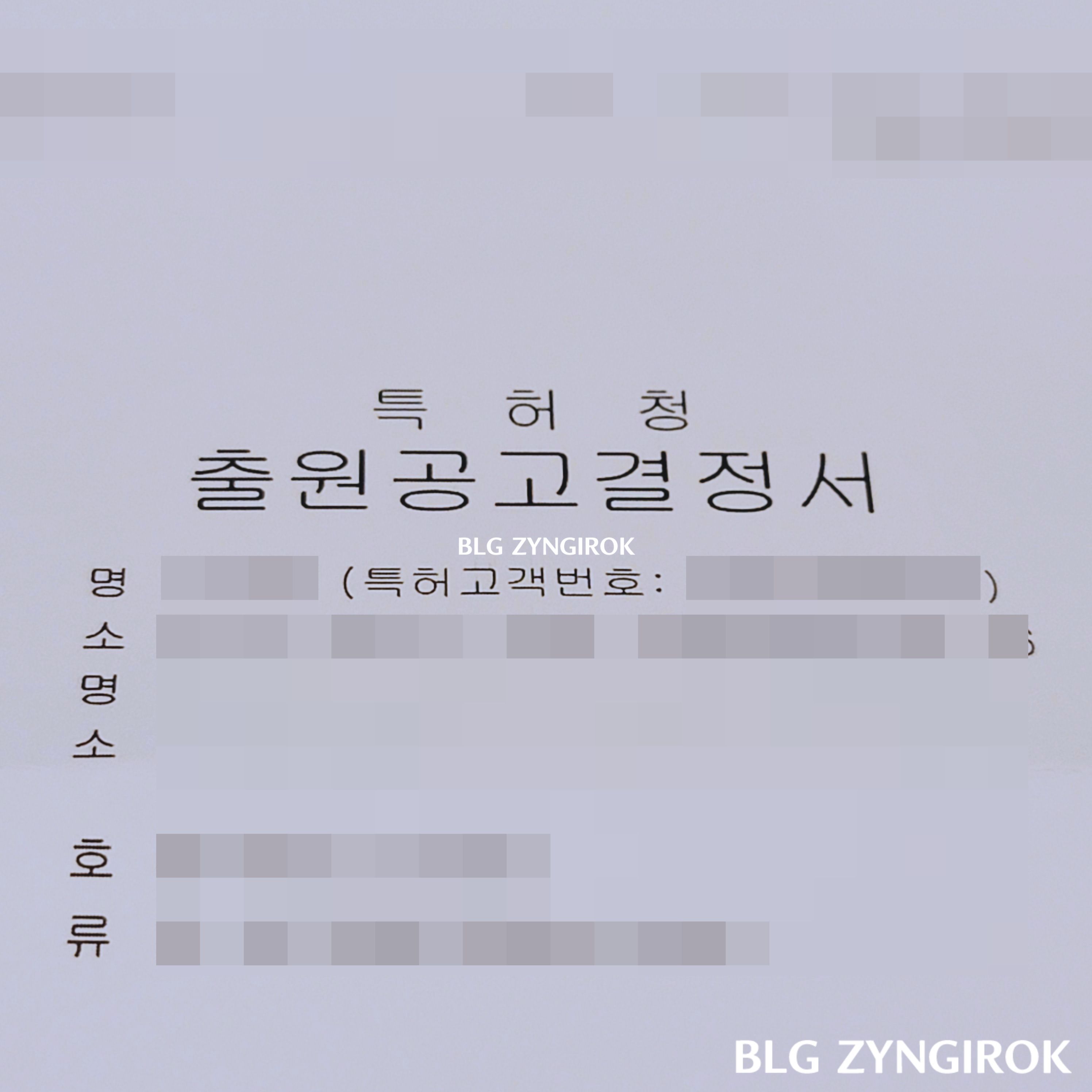 받아본-출원공고결정서의-모습이다.-내용은-모자이크-처리되어-있고-출원공고결정서가-쓰여있다.