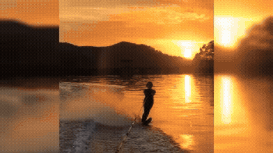 노을 속에서 원스키를 타는 장면. 석양이 수면에 비치며, 라이더가 물살을 가르며 나아가는 모습이 인상적인 GIF &mdash; 2018년 용인 이동저수지 촬영](sandbox:/mnt/data/Adobe Express - 장은경 원스키2018.gif