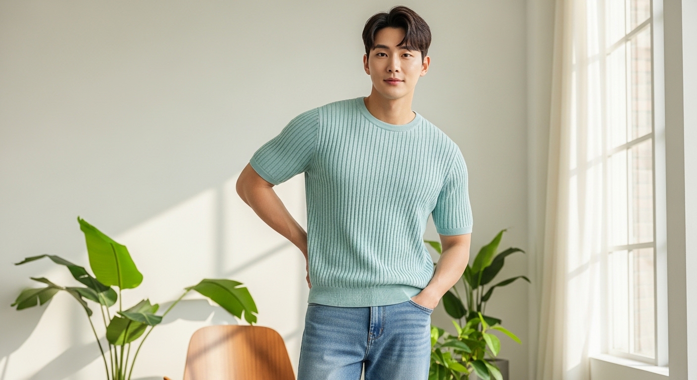 2026 여름 시즌 트렌디한 남성용 골지 짜임 반팔 니트 착용 이미지