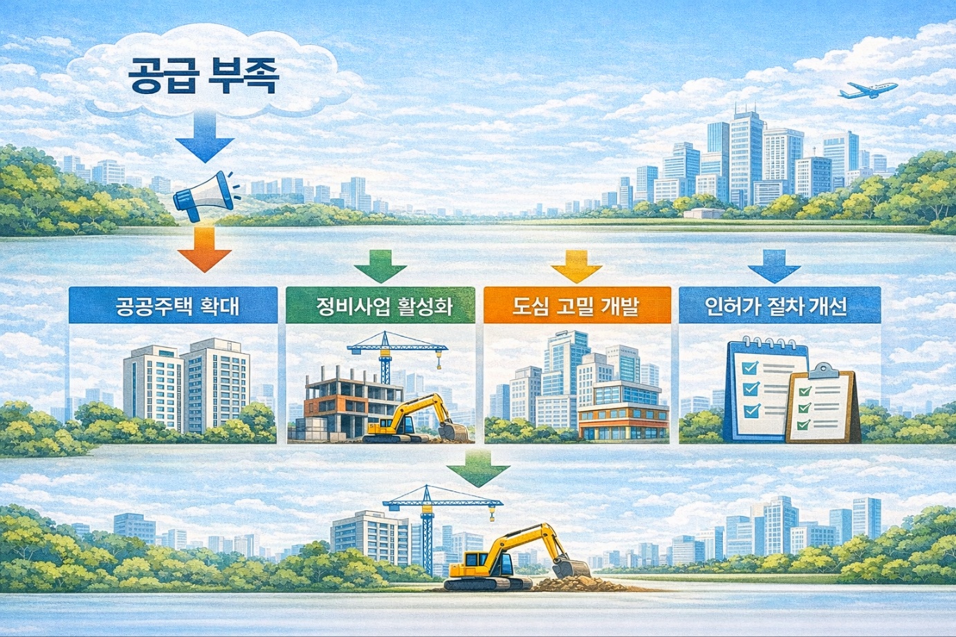 공급 부족 상황에서 2026년 부동산 공급정책 방향으로 공공주택 확대, 정비사업 활성화, 도심 고밀 개발, 인허가 절차 개선을 설명하는 인포그래픽 이미지