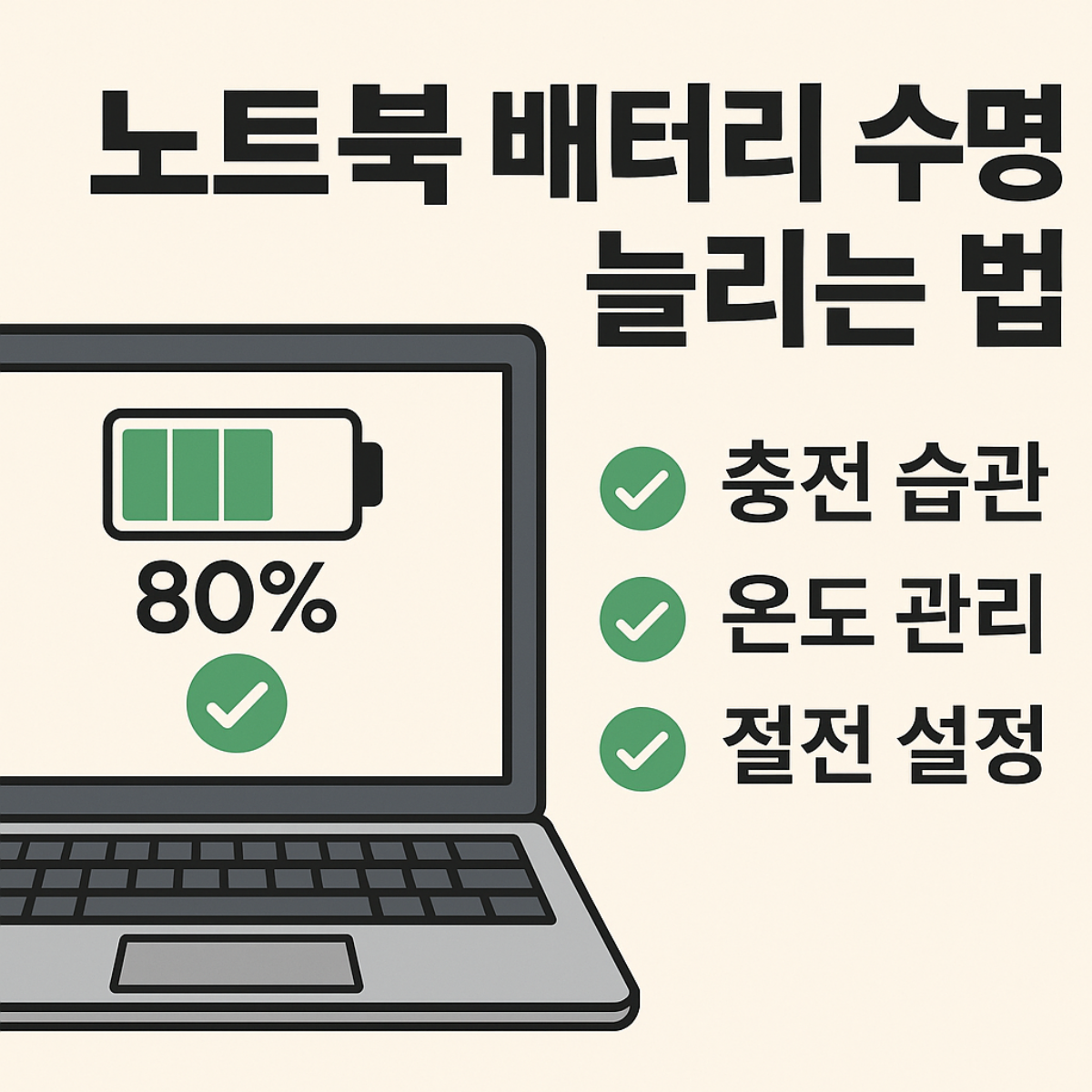 노트북 배터리 수명 늘리는 법 요약 이미지: 80% 충전 유지, 충전 습관, 온도 관리, 절전 설정 등 배터리 관리 팁이 나열된 일러스트