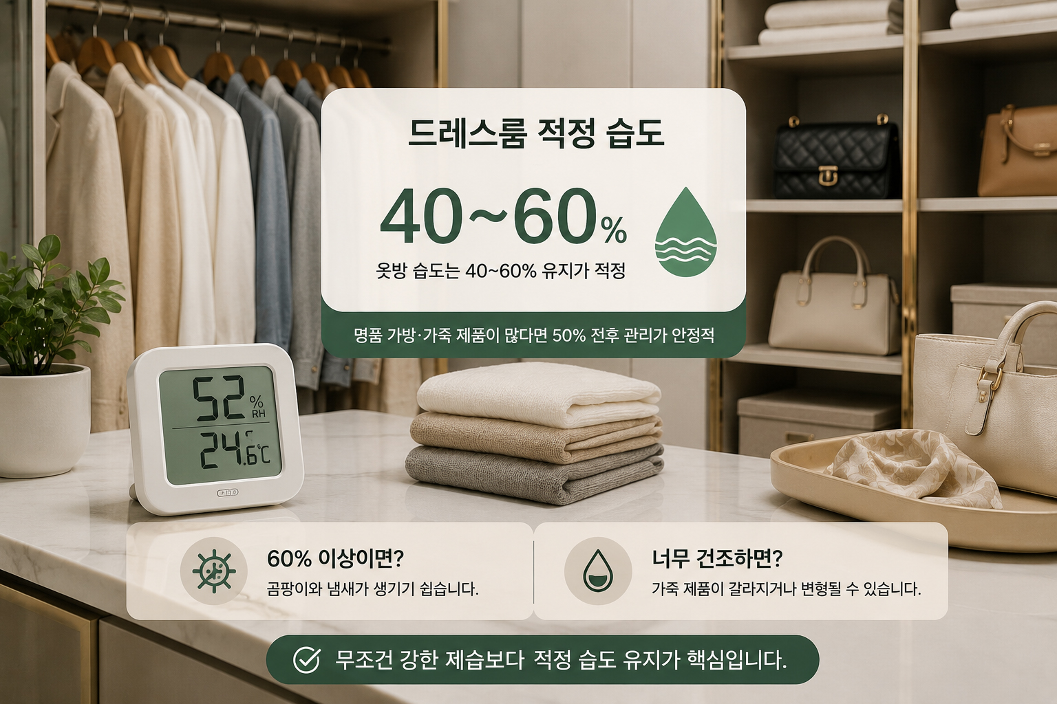 드레스룸 적정 습도 40~60%를 설명하는 이미지로 습도계와 가죽 가방이 있는 옷방 모습