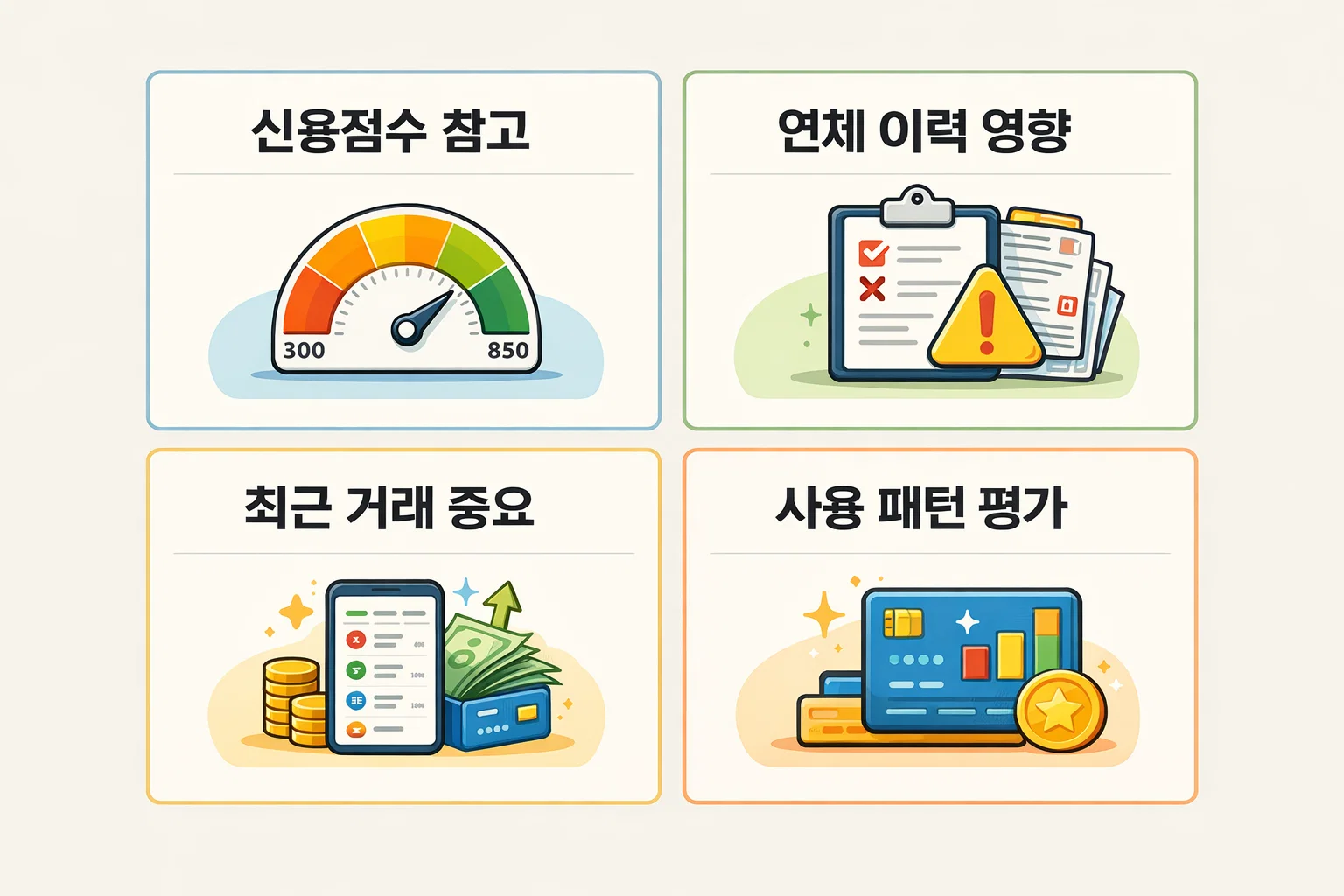 신용점수 변화와 연체 이력 영향, 최근 거래와 사용 패턴 평가 요소를 기반으로 카드 승인 심사 기준을 정리한 이미지