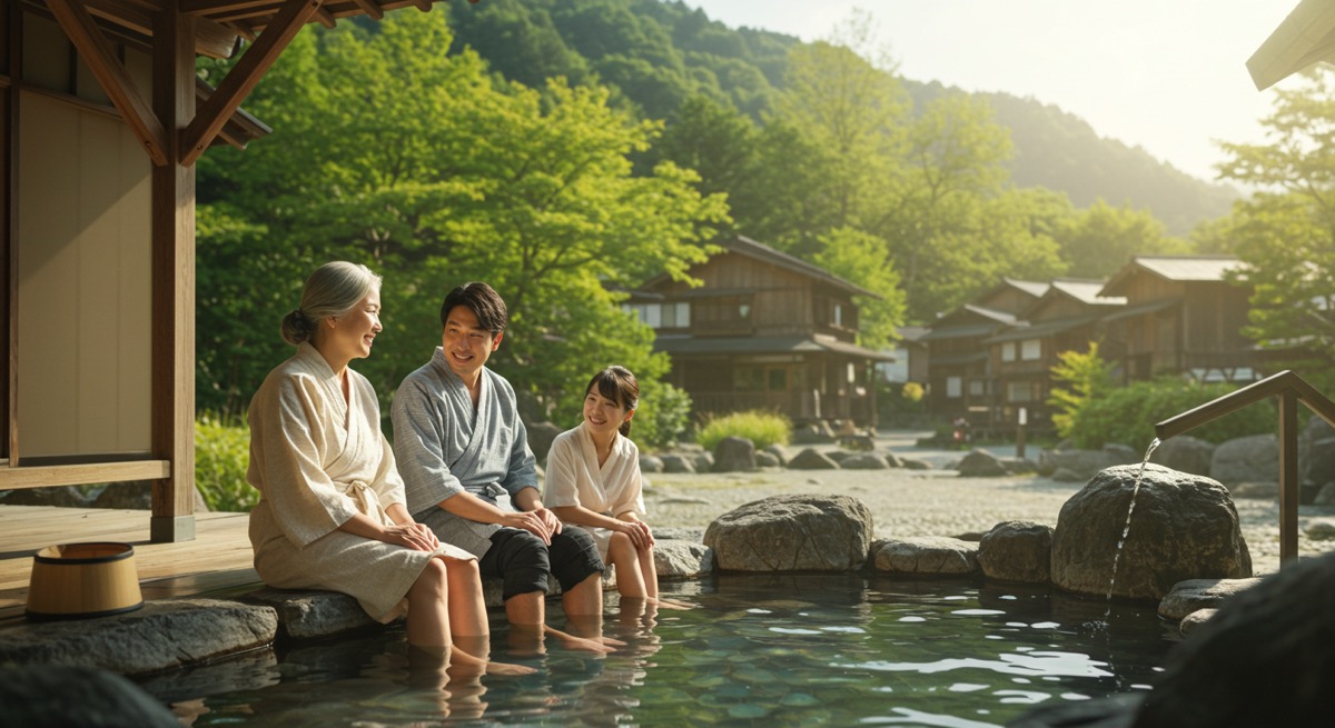 부모님과 함께 일본 온천 마을에서 족욕을 즐기는 모습
