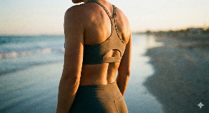 해변에서 스포츠 브라를 입은 여성의 뒷모습&amp;#44; 브래지어 라인 살이 드러나는 등 근육