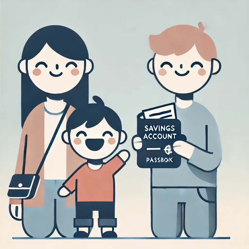 통장을 들고 미소 짓는 아이와 청년의 모습.