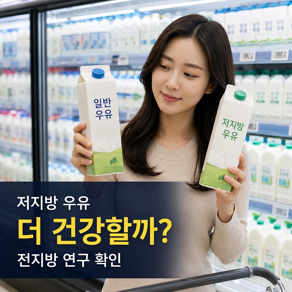 마트에서 일반 우유와 저지방 우유를 비교하는 모습