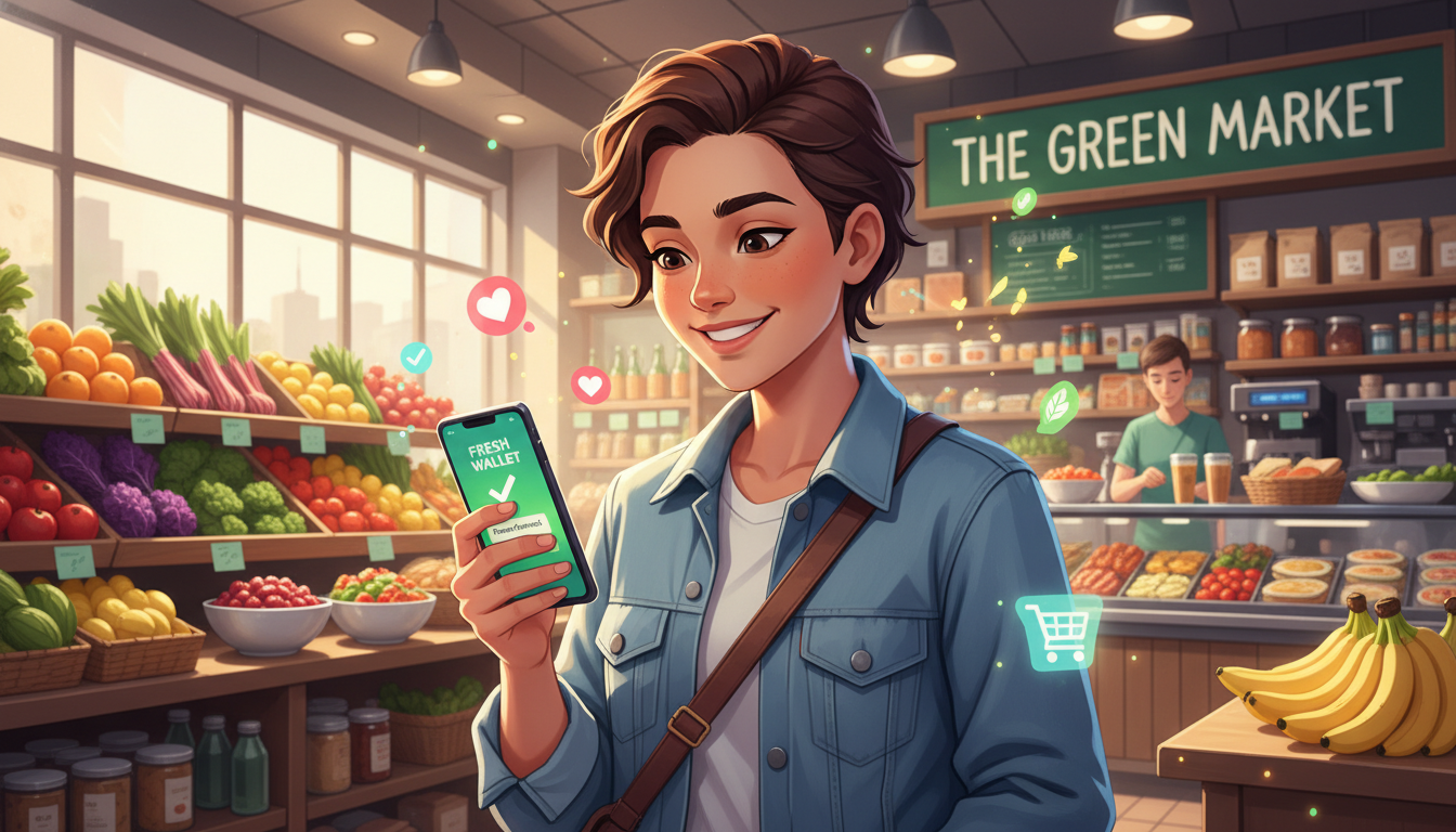 스마트폰으로 청년식비지원금 바우처를 확인하며 웃고 있는 청년, 건강한 식재료가 가득한 마트 앞에서 경제적 부담을 덜고 건강한 식생활을 누리는 모습