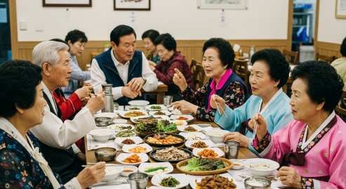 식당에서 식사 중인 노인들&amp;#44; 밝은 분위기