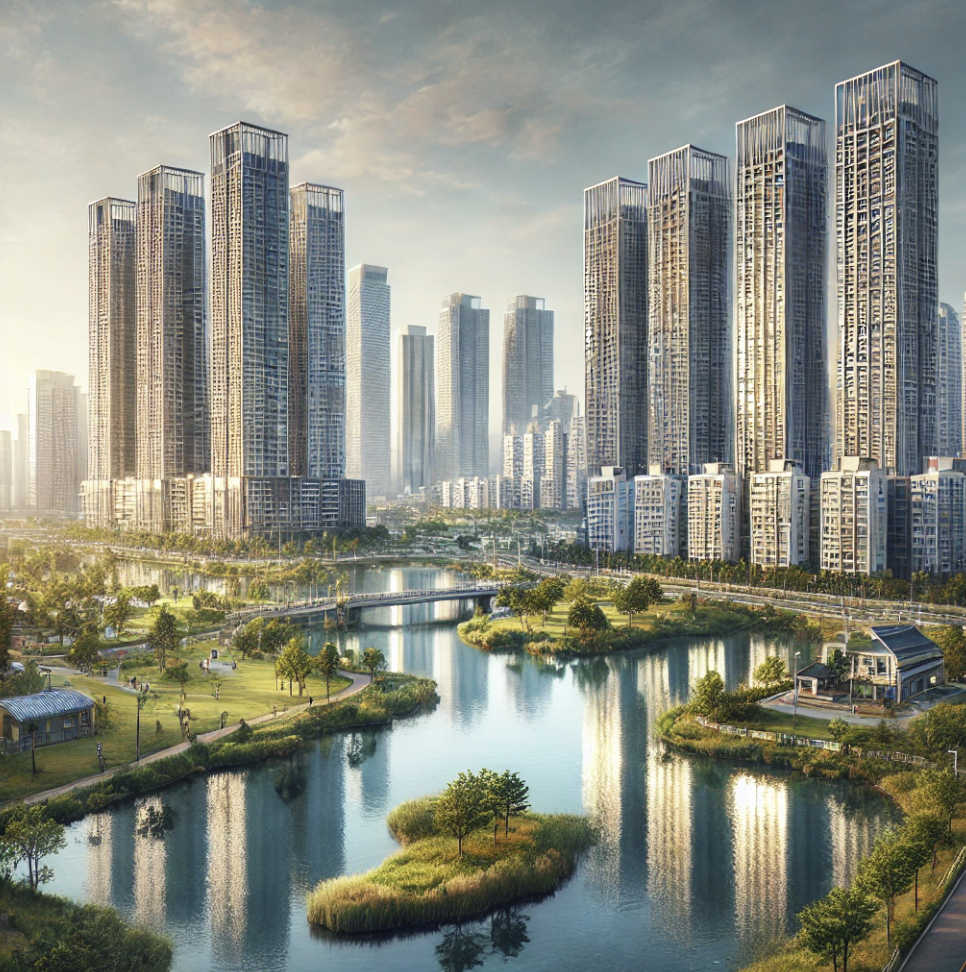 고층 아파트와 공원을 배경으로 한 현대적인 부동산 풍경