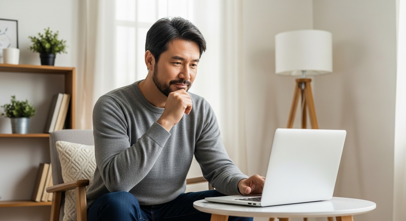 컴퓨터로 자신의 노후 계획을 세우는 40대 남성