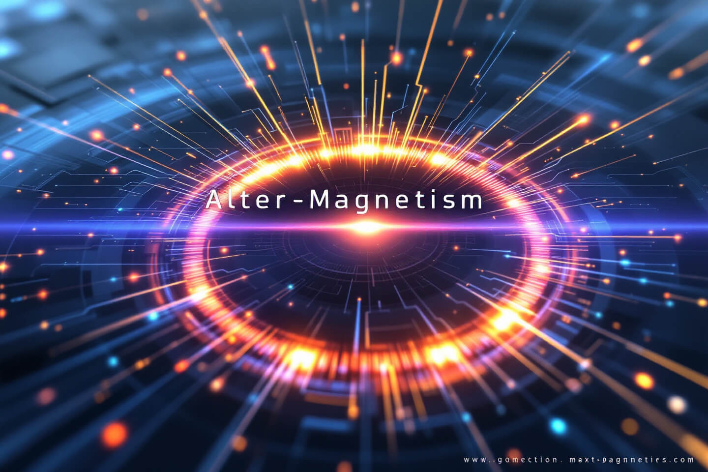 알터마그네티즘을 상징하는 미래지향적인 이미지. 중앙에는 'Alter-Magnetism'이라는 문구가 선명하게 표시되어 있으며, 주변에는 오렌지색과 파란색의 빛이 뿜어져 나오는 디지털 그래픽이 그려져 있습니
