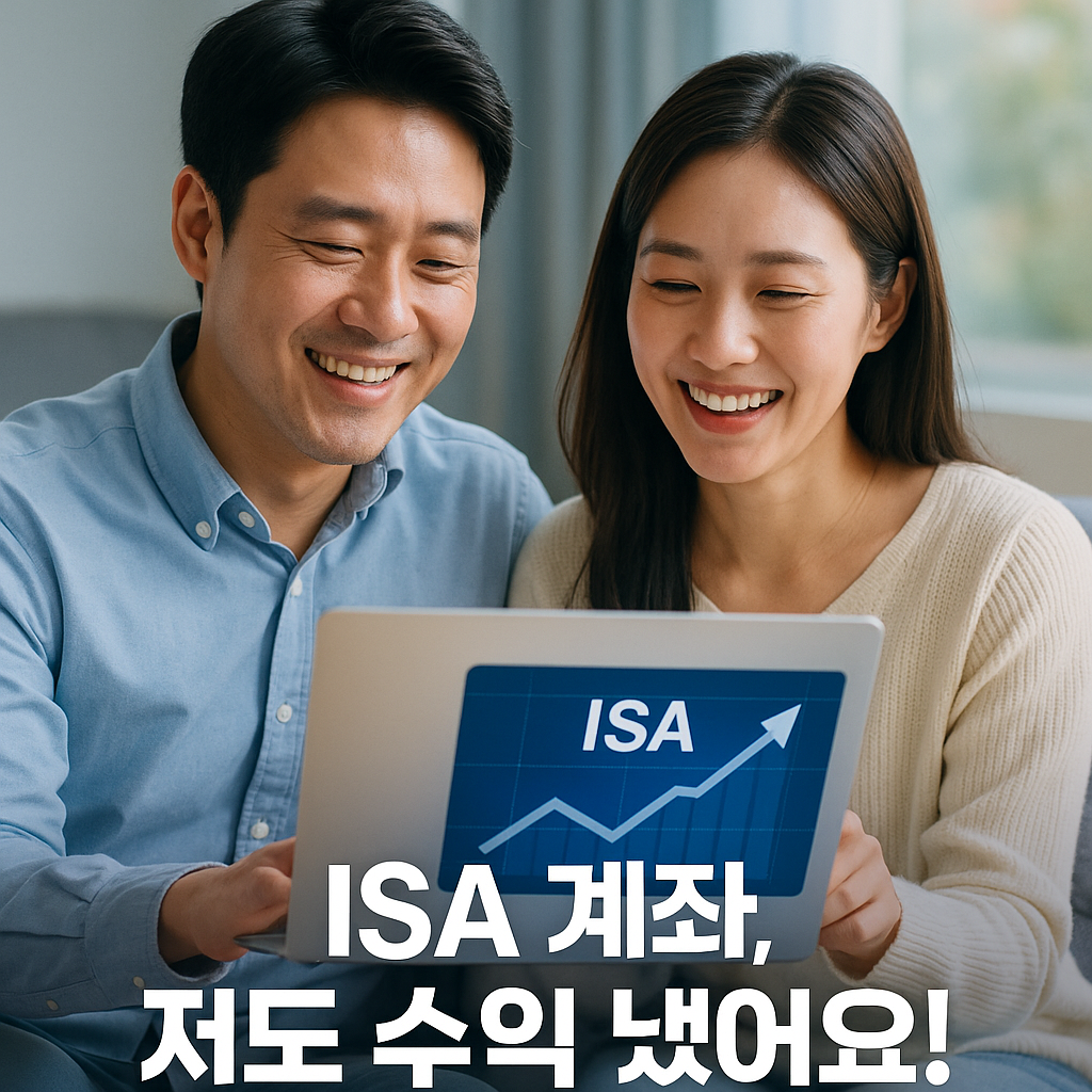편안한 거실에서 ISA 투자 성과를 확인하며 기뻐하는 투자자 커플