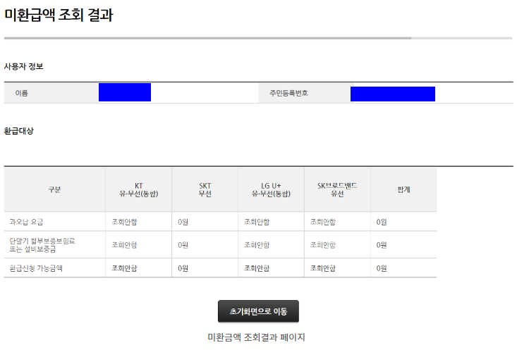 미환급금 조회 결과