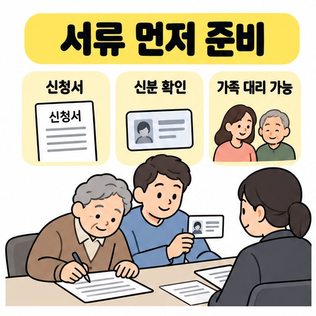 신청서, 신분 확인, 가족 대리 가능 안내와 함께 어르신이 서류를 작성하고 가족이 신분증을 제시하는 모습