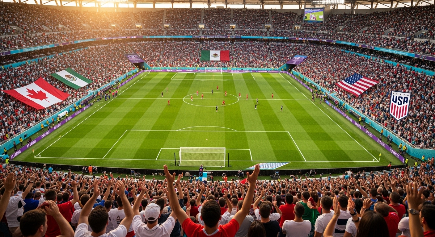 캐나다, 멕시코, 미국 국기가 어우러진 대형 축구 경기장에서 수많은 관중이 환호하는 월드컵 경기 전경