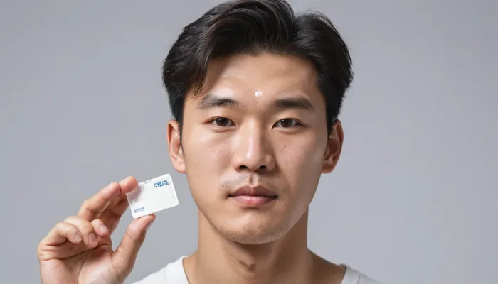 작은 패치를 들고 피부에 붙일 준비를 하는 남성