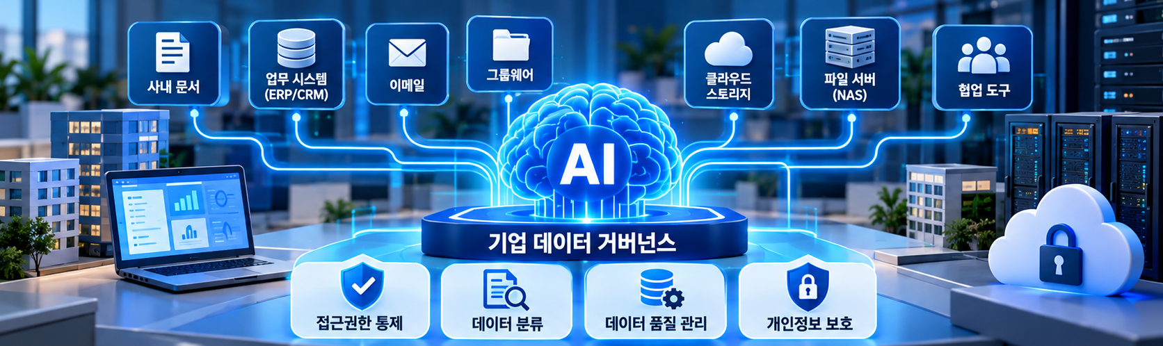 기업 데이터 저장소와 접근통제, 개인정보 보호, 데이터 품질 및 수명주기 관리 체계가 연결
