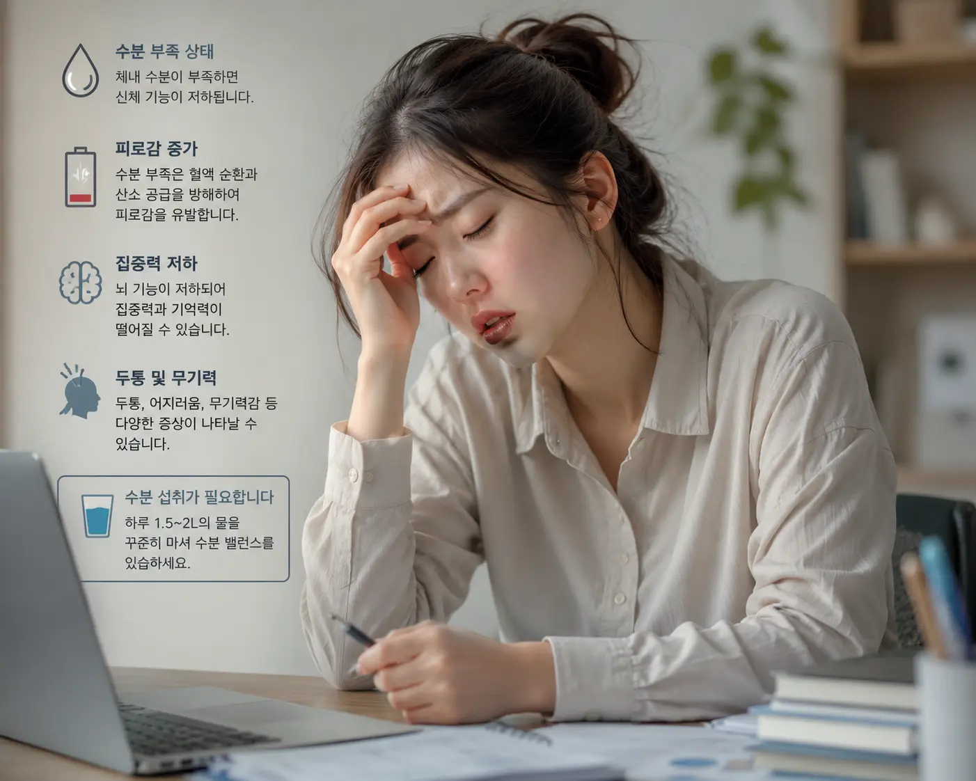 수분 부족으로 두통과 피로를 느끼는 모습, 탈수 증상