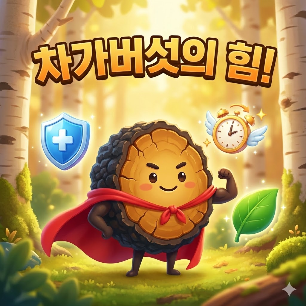 슈퍼히어로 차가버섯 캐릭터가 면역력, 항산화, 활력 증진 등 5가지 효능을 상징하는 그림과 함께 '차가버섯의 힘!'이라는 문구가 있는 3D 카툰 일러스트.