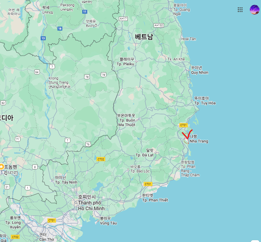 깜라인 국제공항(CXR)과 나트랑 위치 사진