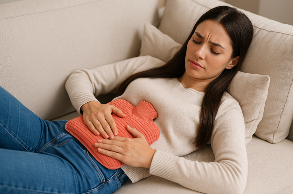 복부-온찜질-하는-여성