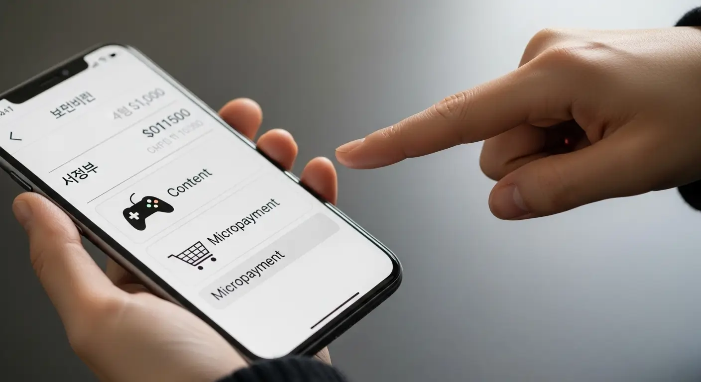 스마트폰 화면에 '컨텐츠이용료'(게임 아이콘)와 '소액결제'(쇼핑카트 아이콘) 한도를 비교하는 이미지