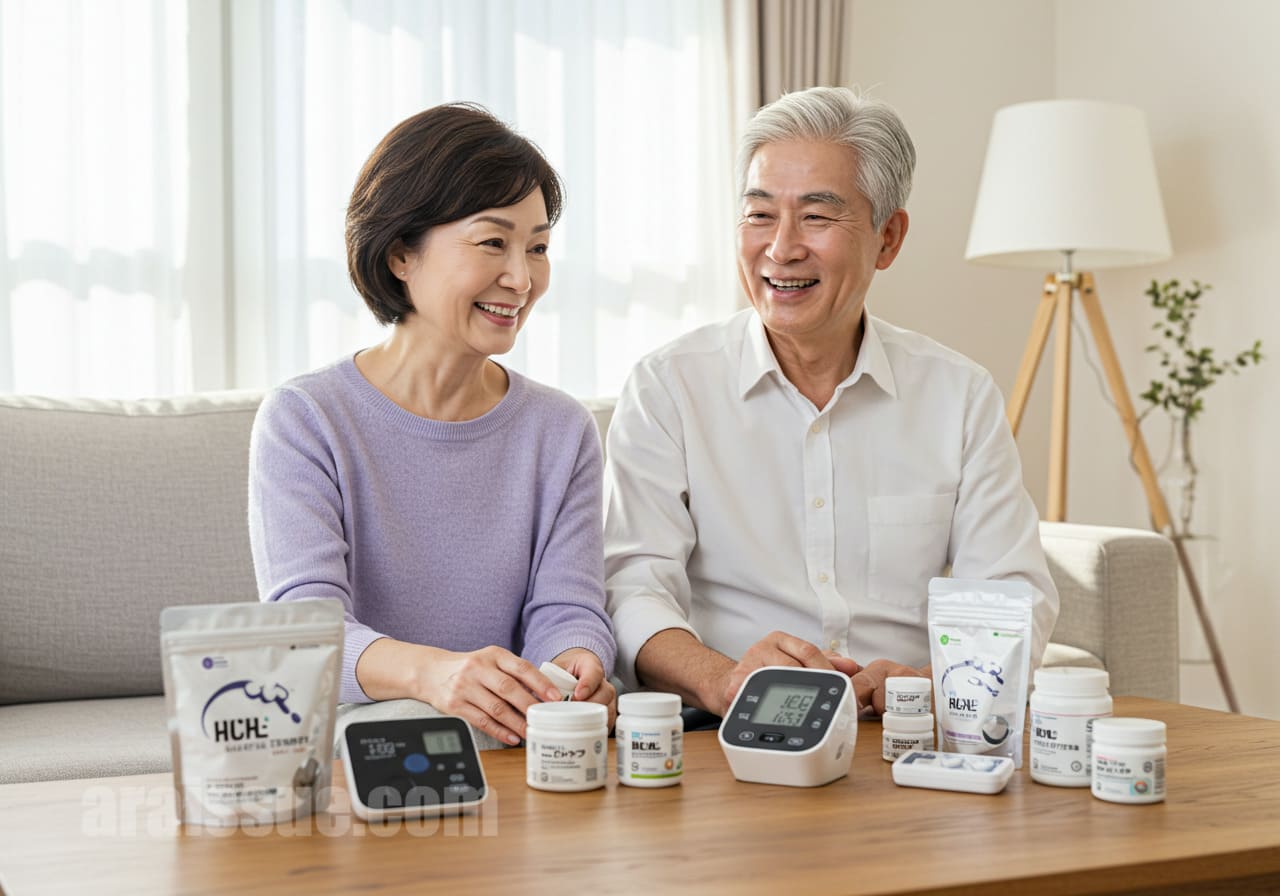 밝은 거실에서 건강 기기와 건강기능식품을 함께 사용하는 노부부의 모습. 부모님의 건강을 챙기는 따뜻한 사랑과 배려가 느껴지는 장면입니다.