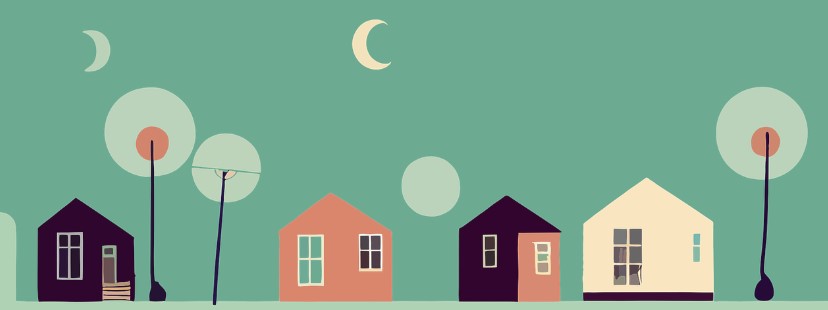 달이 떠있는 하늘과 따뜻하고 귀엽게 생긴 집들이 4채 있는 그림