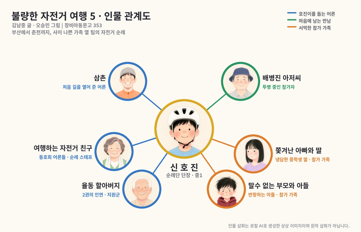 불량한 자전거 여행 5 인물 관계도, 신호진을 가운데 두고 삼촌&middot;동호회 어른&middot;율동 할아버지&middot;배병진 아저씨&middot;참가 가족을 이은 그림