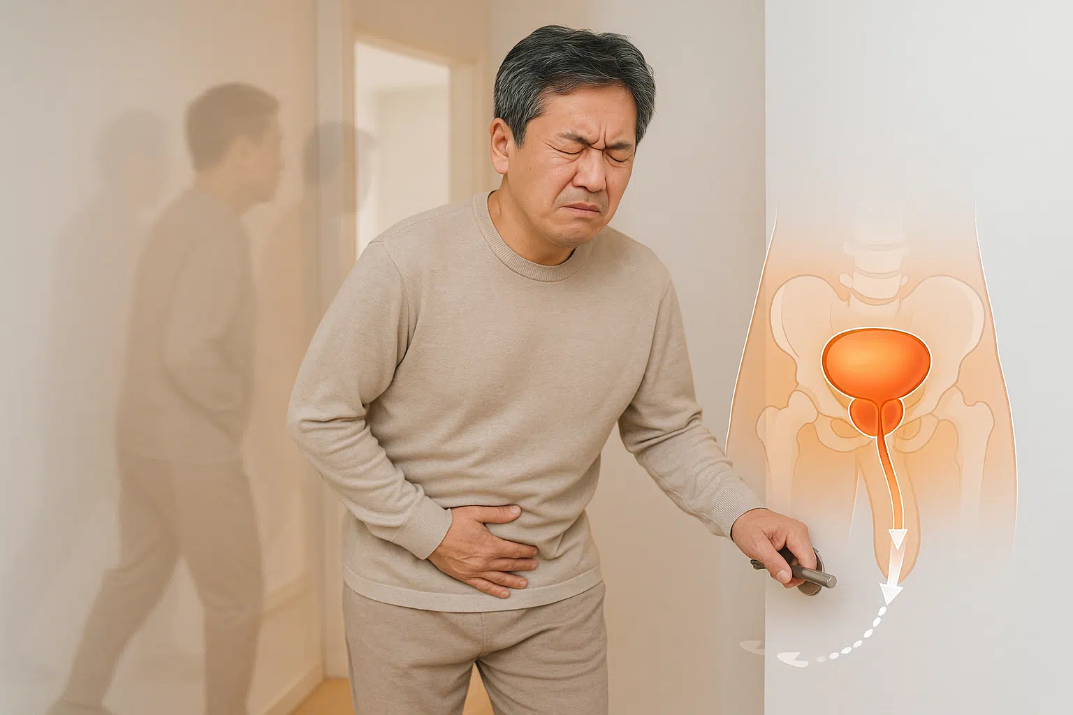 하루에도 여러 번 화장실을 가는 중년 남성, 화장실 문 앞에서 불편한 표정, 전립선 위치를 보여주는 의학 일러스트(방광 아래, 요도 감싸는 구조)